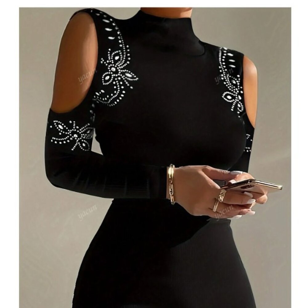High Collar Rhinestone Decorated Long Sleeve Bodycon Party Dress For Women